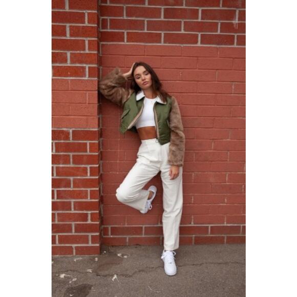 Shaci Cropped Bomber Jacket Faux Fur Sleeves Olive Green Small Streetwear - Picture 3 of 13